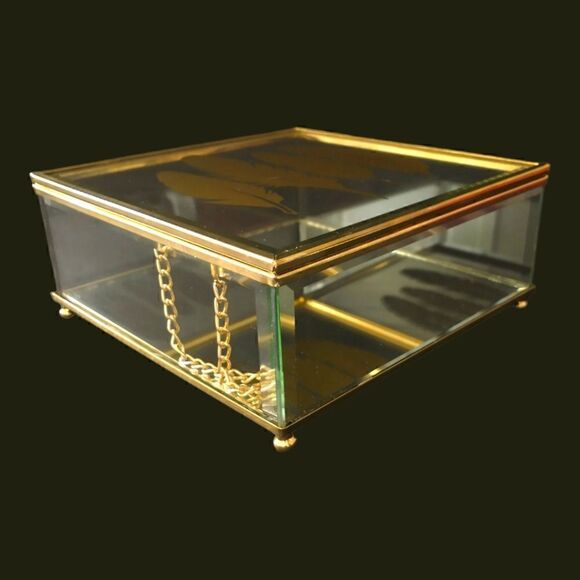 Feather Print Glass Trinket Box Vintage 90s Jewelry Gold Tone Western Bohemian - Picture 12 of 16